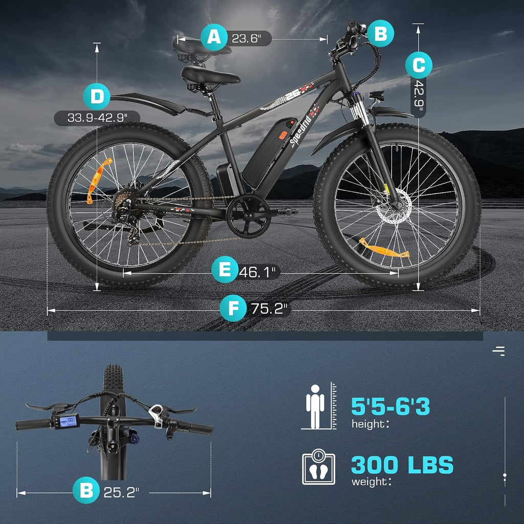 Electric Bike 26" Fat Tire Electric Bike for Adult, Peak 750W 48V 13Ah Removable Battery Electric Mountain Bike, Commuting Off Road Ebike 7 Speed & Front Suspension Fast Charge