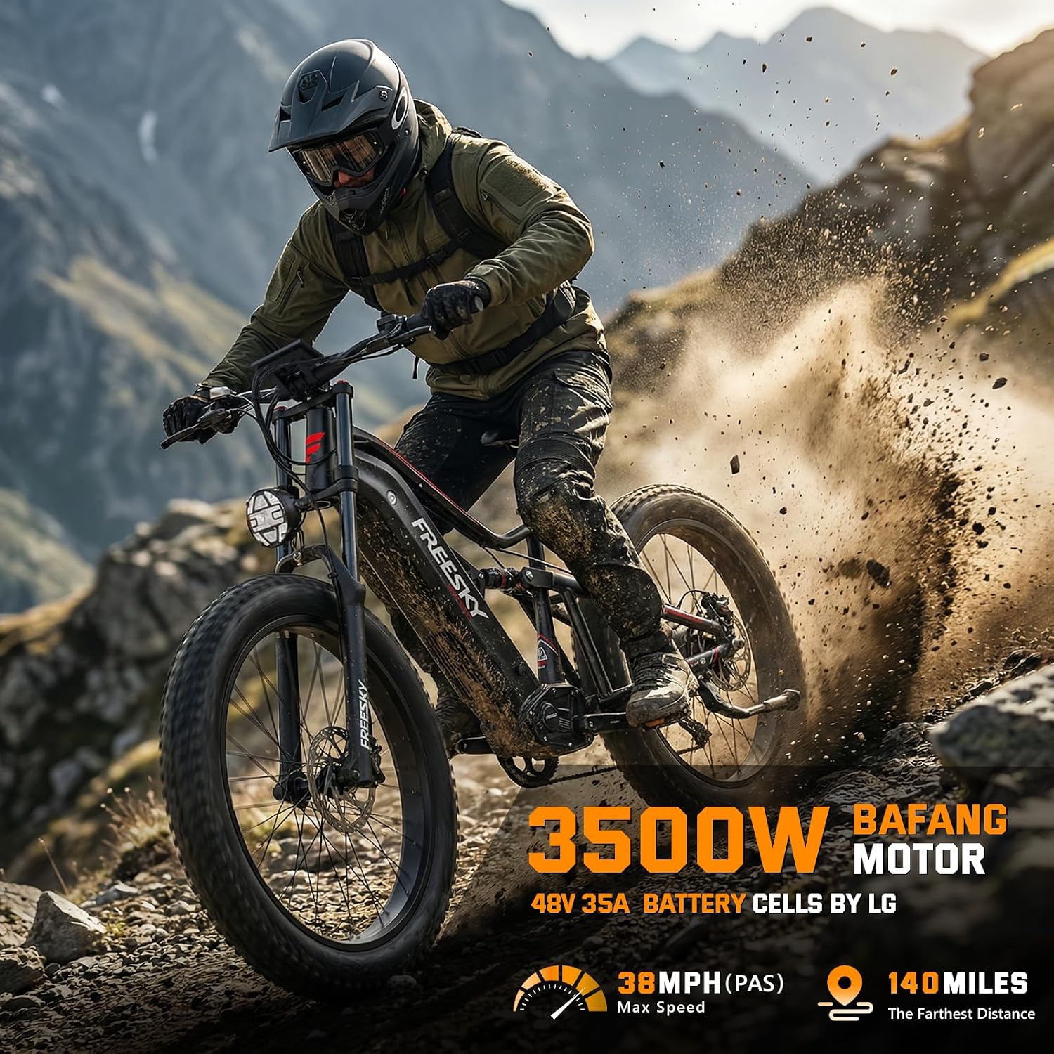FREESKY 3500W BAFANG Motor Electric Bike for Adults, 48V 35Ah LG Cells Battery Ebike 140 Miles, 38+MPH, 26" Fat Tire Dirt All-Terrain Mountain E Bike, Full Suspension, UL 2849 Certified by TÜV