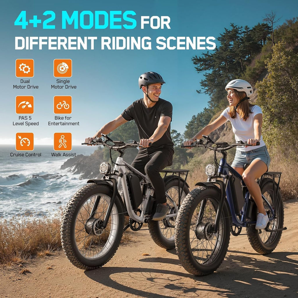 6000W Electric Bike for Adults,60V 1200WH 50MPH Dual Motor Mountain Ebike Up to100 Miles Long Range Electric Bicycle 24" Fat Tire Fast Bicycle for Men Women with Bag