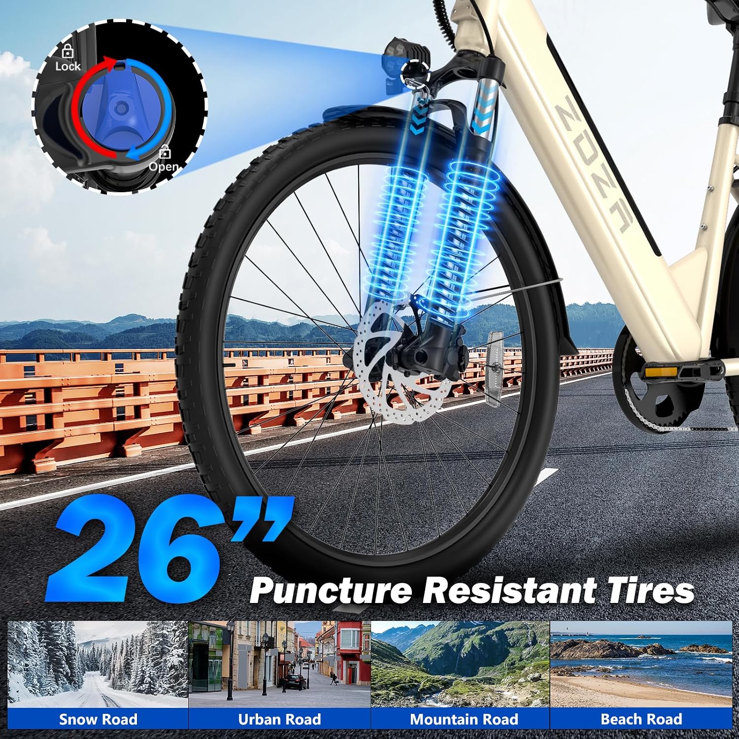 ZDZA Electric Bike for Adults, 1000W Peak Motor, 60 Miles 22Mph Electric Bike, 26" Commuter E Bikes with 48V 10.4Ah Removable Battery, Step-Thru Ebike, Adjustable Stem, 7-Speed & Front Suspension