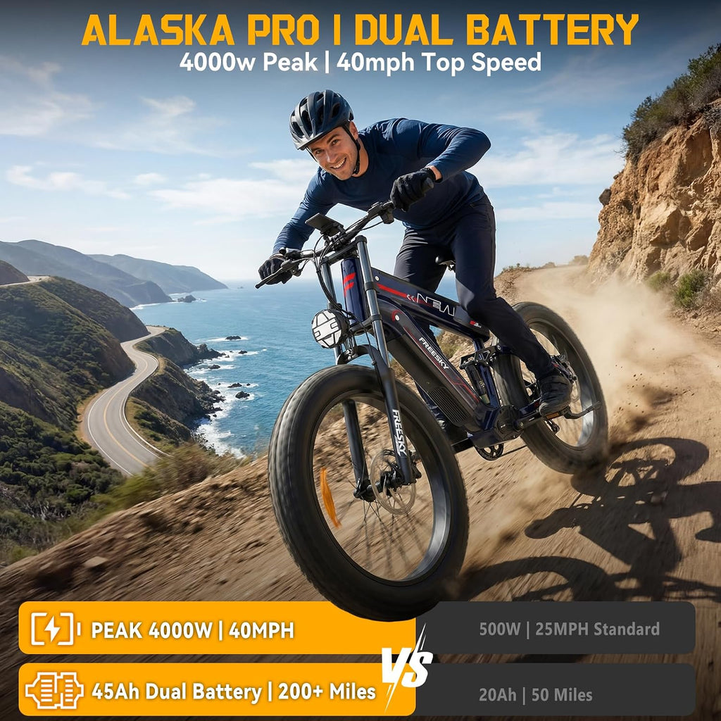 FREESKY 2026 Alaska Pro Dual Battery 48V 45AH LG Cells 200 Miles 40MPH Electric Bike for Adult, 4000W High-Torque Motor Long Range Fat Tire Ebike, 26" Mountain E Bike, UL 2849 Certified by TÜV