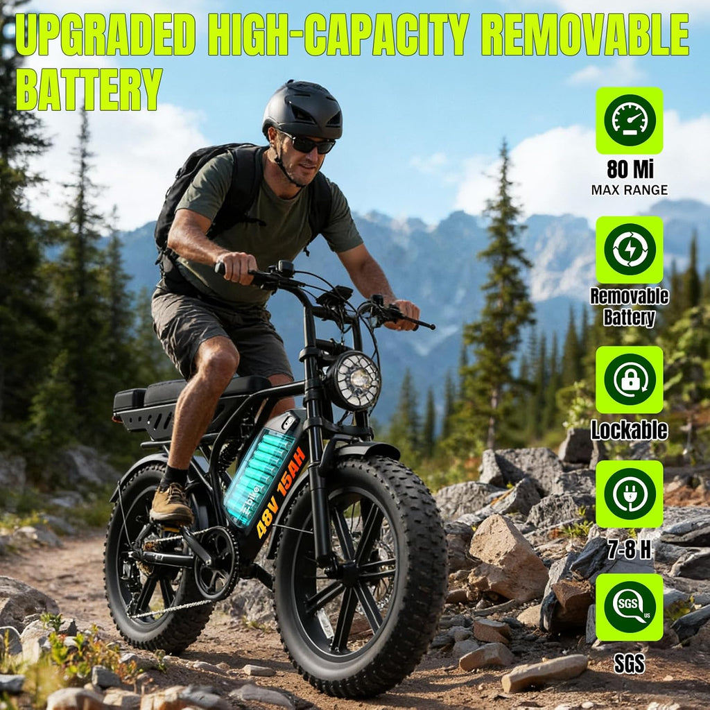 TS TST GRP LLC Electric Bike for Adults, 1500W Peak Ebike, 48V 15AH Waterproof Removable Battery, 7 Speed, 28 MPH Max, 20" Electric Off-Road Bike