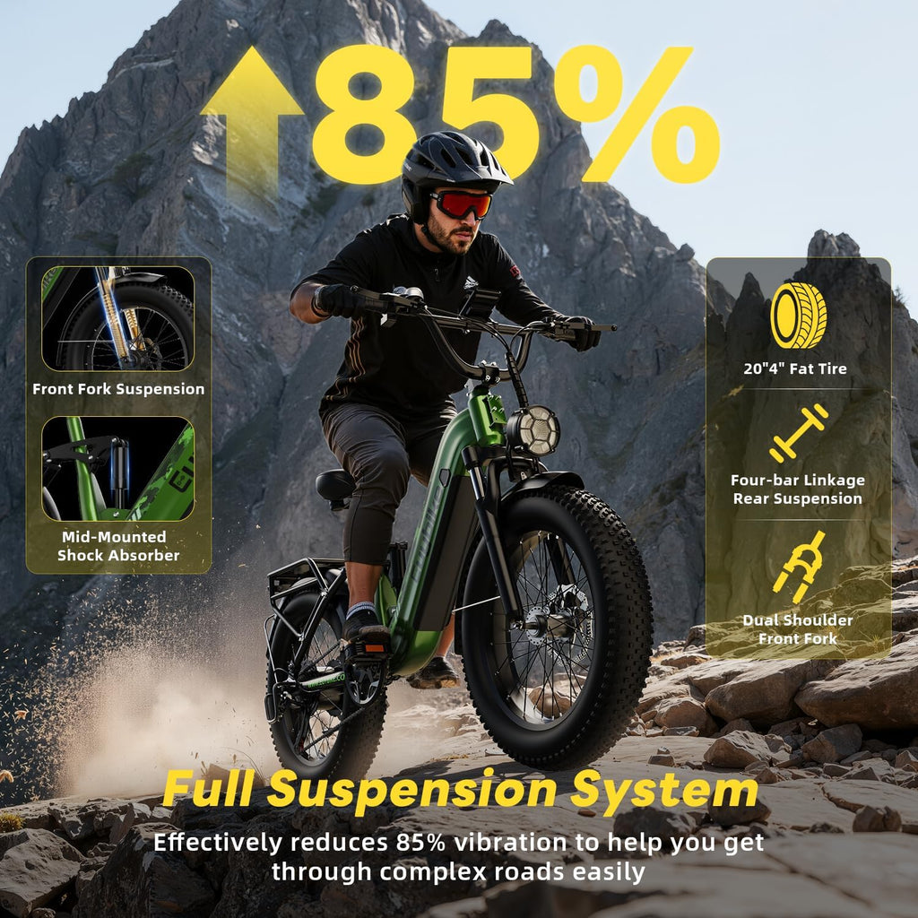 EUYBIKE Electric Bike for Adults 1400W Peak, 48V 20AH(960WH) Removable Battery, 20"x4" Fat Tire Full Suspension 80 Miles Range Step-Thru Hunting Ebike, 7-Speed Dual Brakes Electric Bicycle