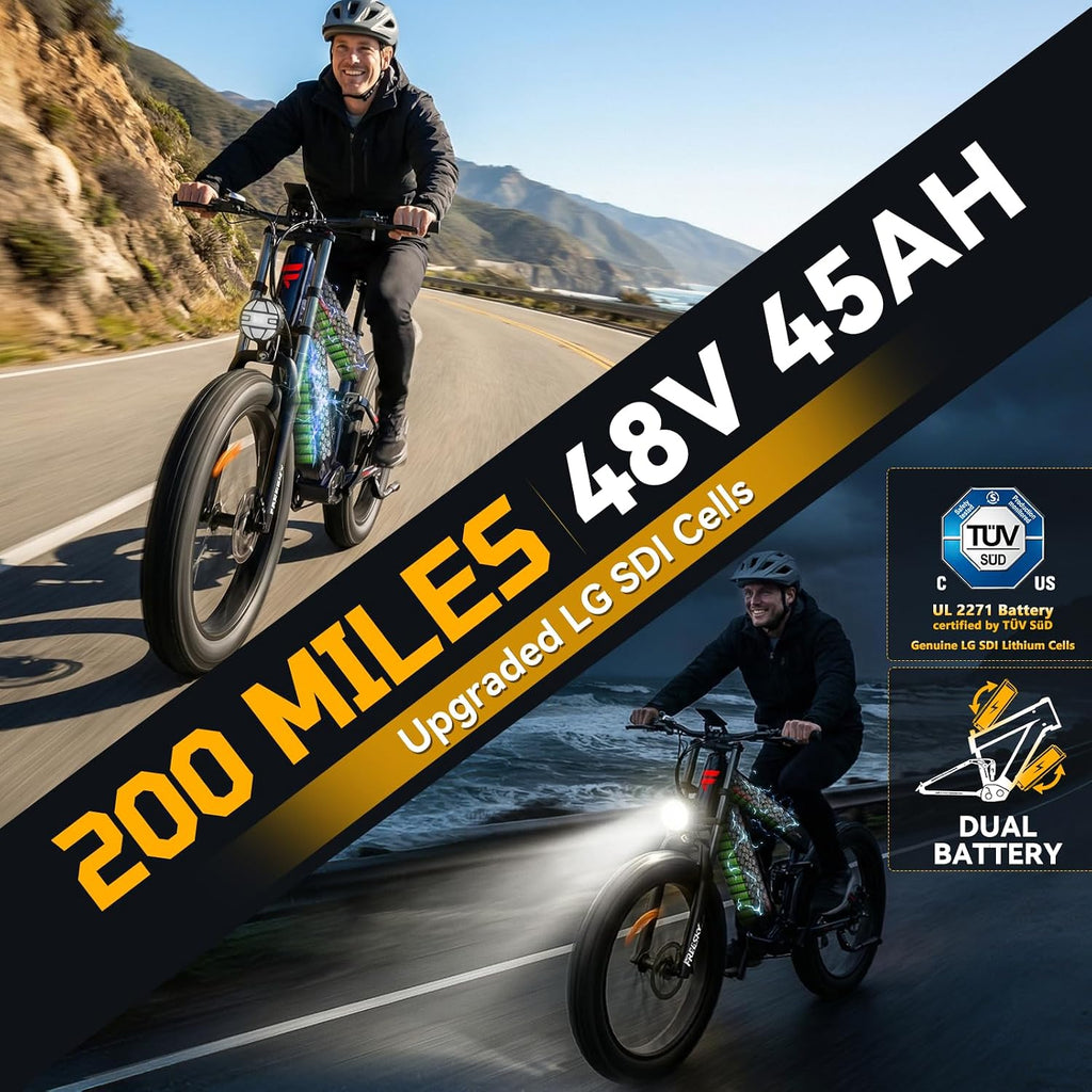FREESKY 2026 Alaska Pro Dual Battery 48V 45AH LG Cells 200 Miles 40MPH Electric Bike for Adult, 4000W High-Torque Motor Long Range Fat Tire Ebike, 26" Mountain E Bike, UL 2849 Certified by TÜV