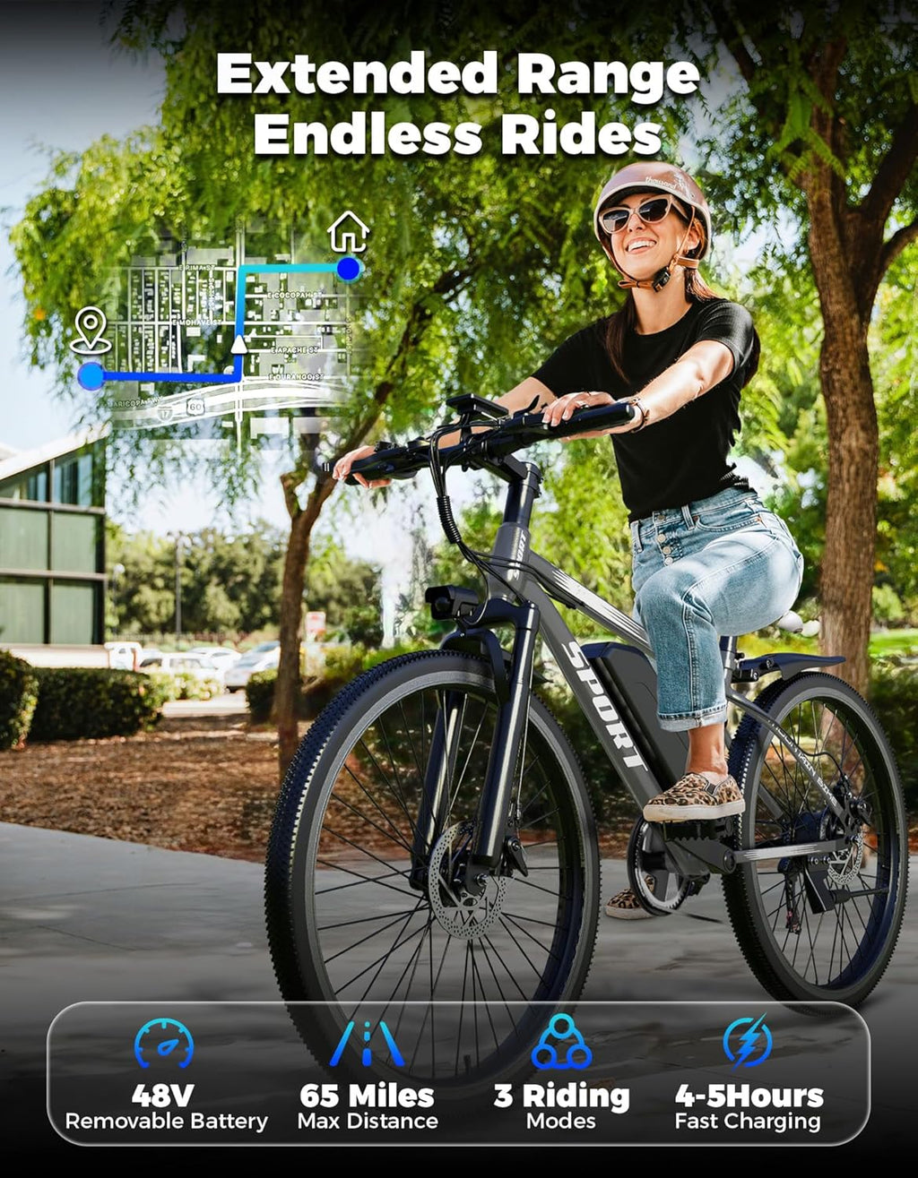 Misodo Electric Bike for Adults, 1500W Peak Mountain Ebike with 25 MPH, 65 Miles Range, 48V 10Ah Removable Battery, Dual Brakes, 26" Ebike for Commute