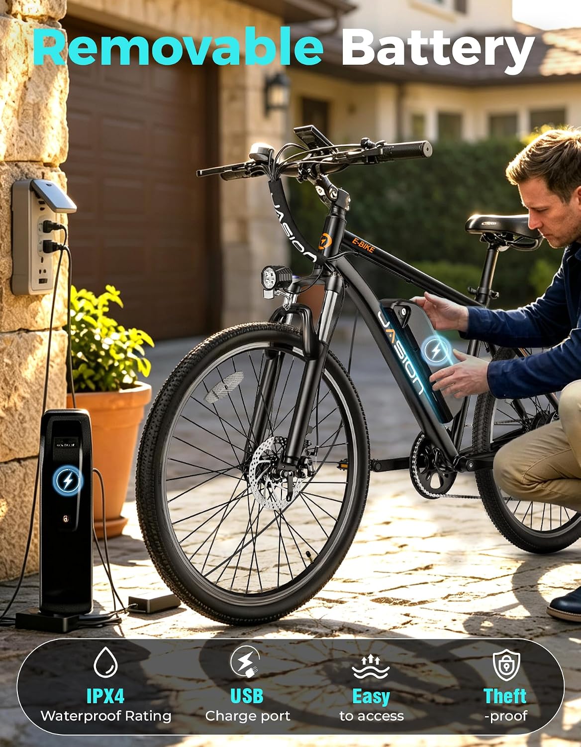 Jasion EB5 26" Electric Bike for Adults,1000W Peak Motor E Bike,Max 40Miles Mountain Ebike,Removable Battery Commuting Electric Bicycle with 7-Speed,Front Shock Suspension E-Bike