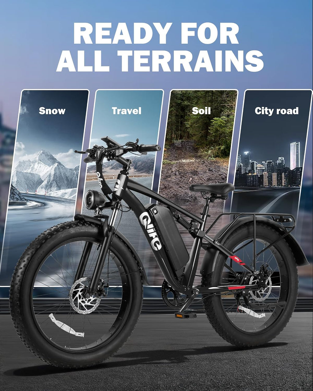 Qlife Racer Plus Adult Electric Bicycle, Peak 1500W/1800W, Up to 20+MPH, 65Miles Long Range, 26" Fat Tire Electric Mountain Bike with 48V 13AH/20AH Battery, 7 Speed Full Suspension