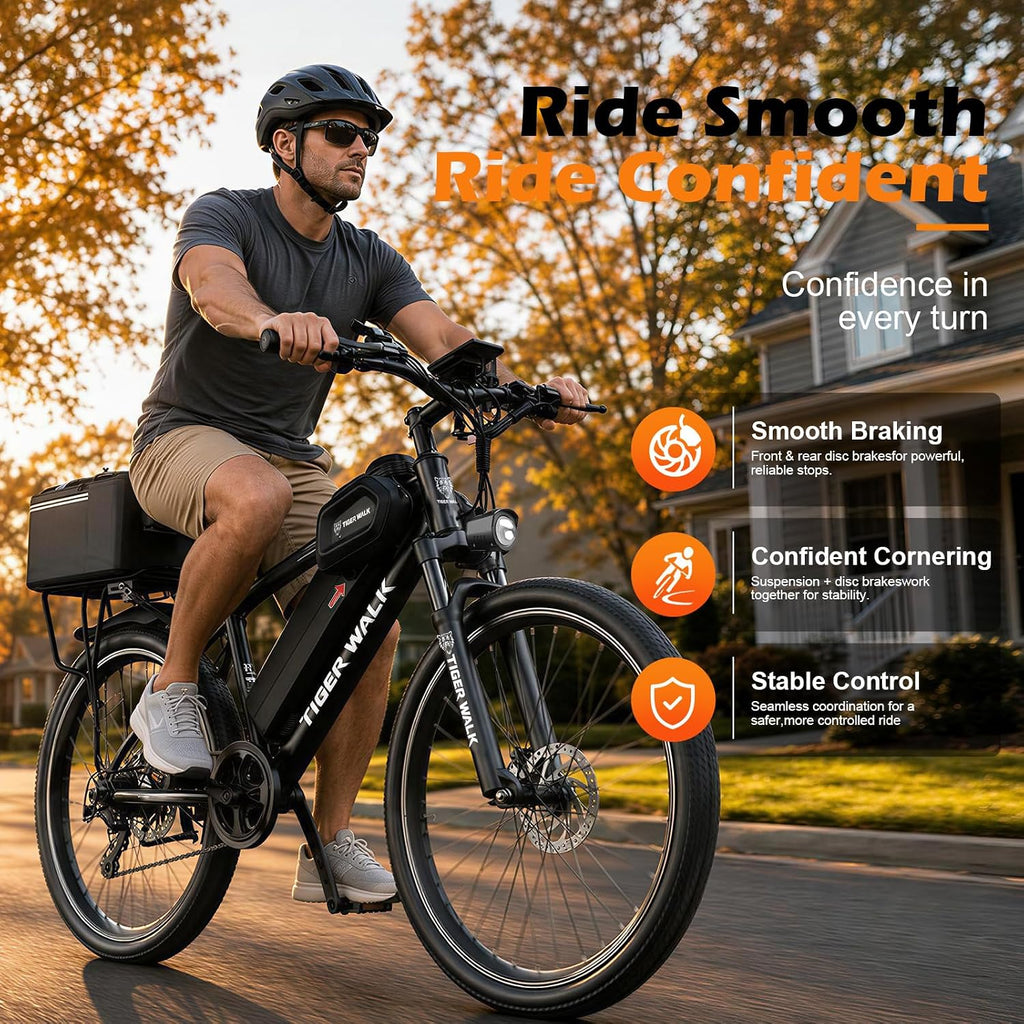 26" Electric Bike for Adults, Adjustable Lockout Suspension Fork, Adjustable Cup Holder, 1000W Peak Motor, 24.7 MPH, 48V 10Ah Removable Battery, Detachable Rear Rack, 7-Speed Commuter Ebike