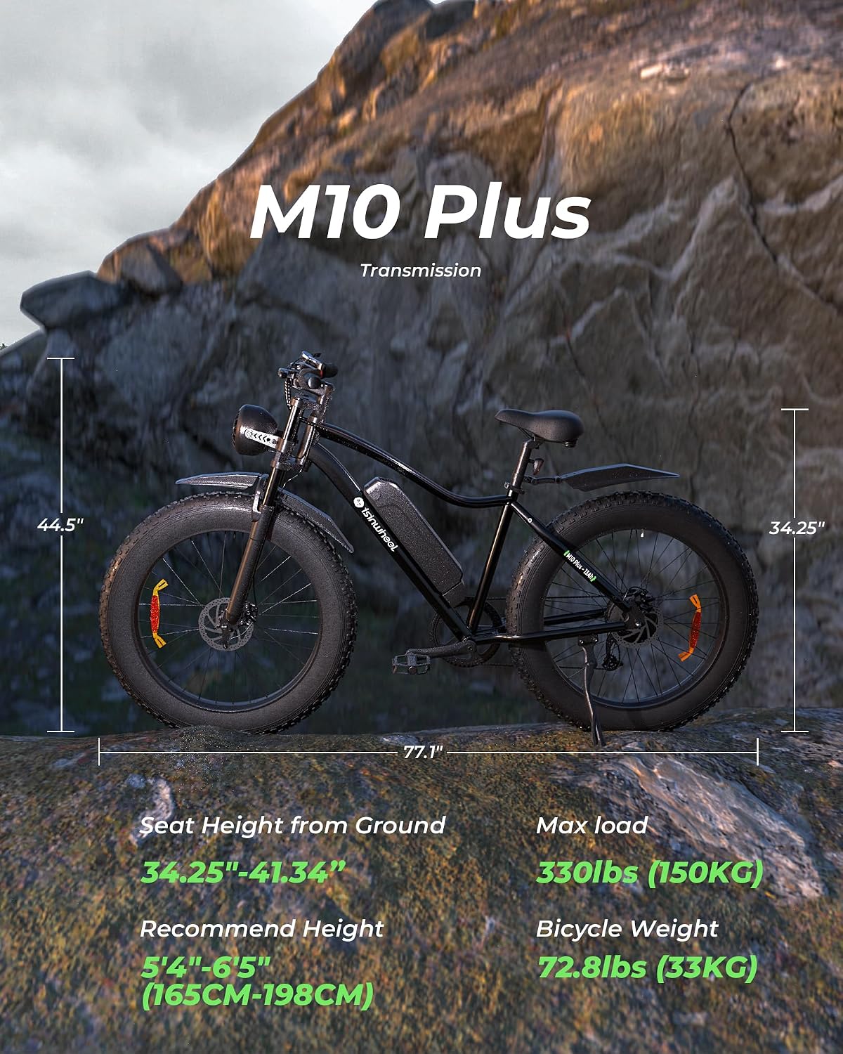 Isinwheel M10Plus Electric Mountain Bike for Adults, 26"*4.0 Fat Tire Ebike with 48V 13Ah Removable Battery, 1000W Peak Motor Electric Bicycle, 120KM Pas Range & 45KM/H Speed, 7 Speed for Snow