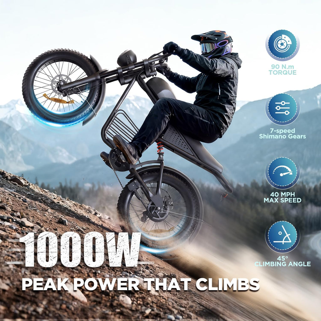 Electric Bike for Adults, 1000W/1500W Peak Motor, 48V 15Ah/20Ah Removable Battery, 20" x 4.0 Fat Tire Ebike, 30-34MPH, 7-Speed Gear, All Terrain Electric Bicycle for Commuting & Off-Road Riding