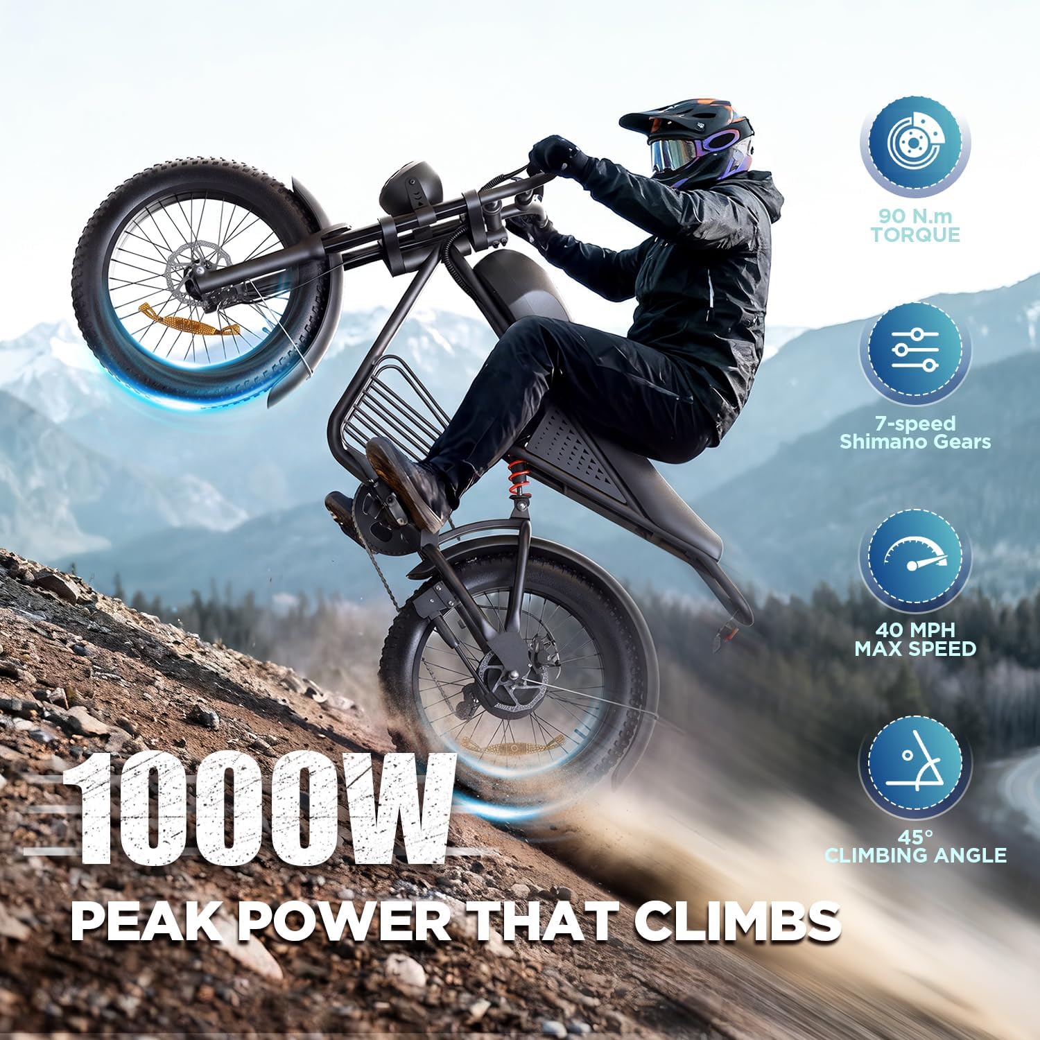 Electric Bike for Adults, 1000W/1500W Peak Motor, 48V 15Ah/20Ah Removable Battery, 20" x 4.0 Fat Tire Ebike, 30-34MPH, 7-Speed Gear, All Terrain Electric Bicycle for Commuting & Off-Road Riding