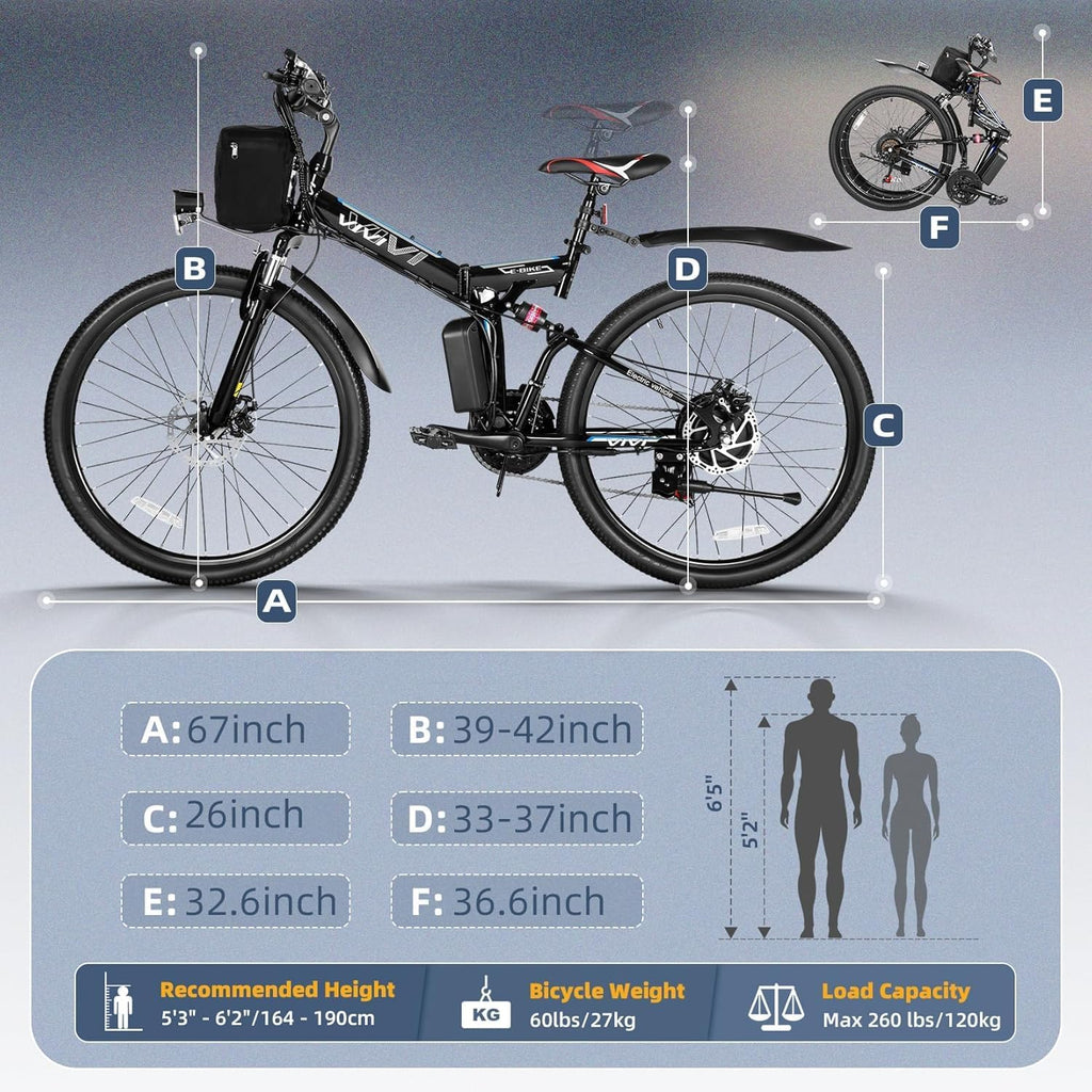 Vivi M026TGB Electric Bike 26" Electric Bike for Adults, 500W Motor Folding Electric Mountain Bike, 48V Removable Battery Ebike, 21 Speed Ebike, Top 19.8Mph, Up to 50 Miles, SGS Certified to UL2849
