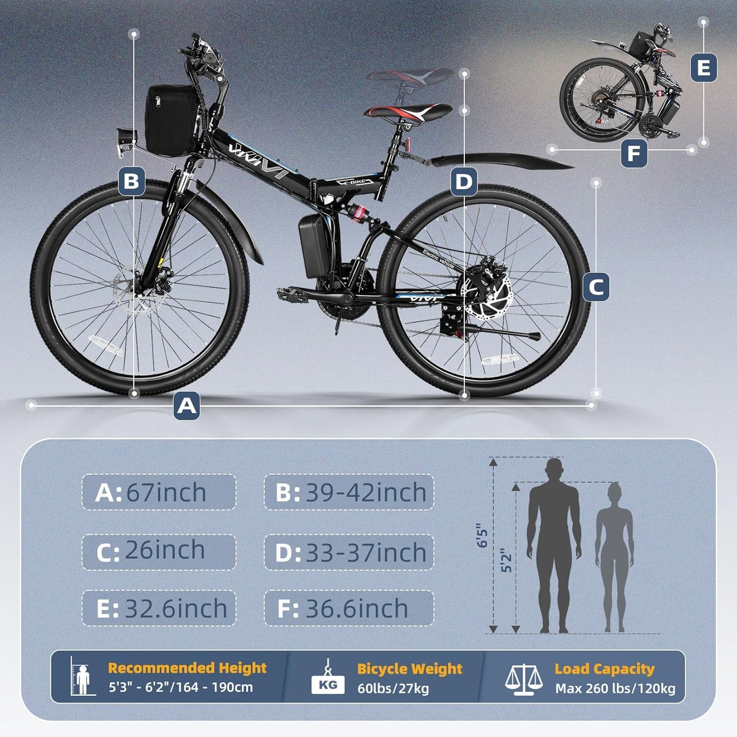 Vivi M026TGB Electric Bike 26" Electric Bike for Adults, 500W Motor Folding Electric Mountain Bike, 48V Removable Battery Ebike, 21 Speed Ebike, Top 19.8Mph, Up to 50 Miles, SGS Certified to UL2849