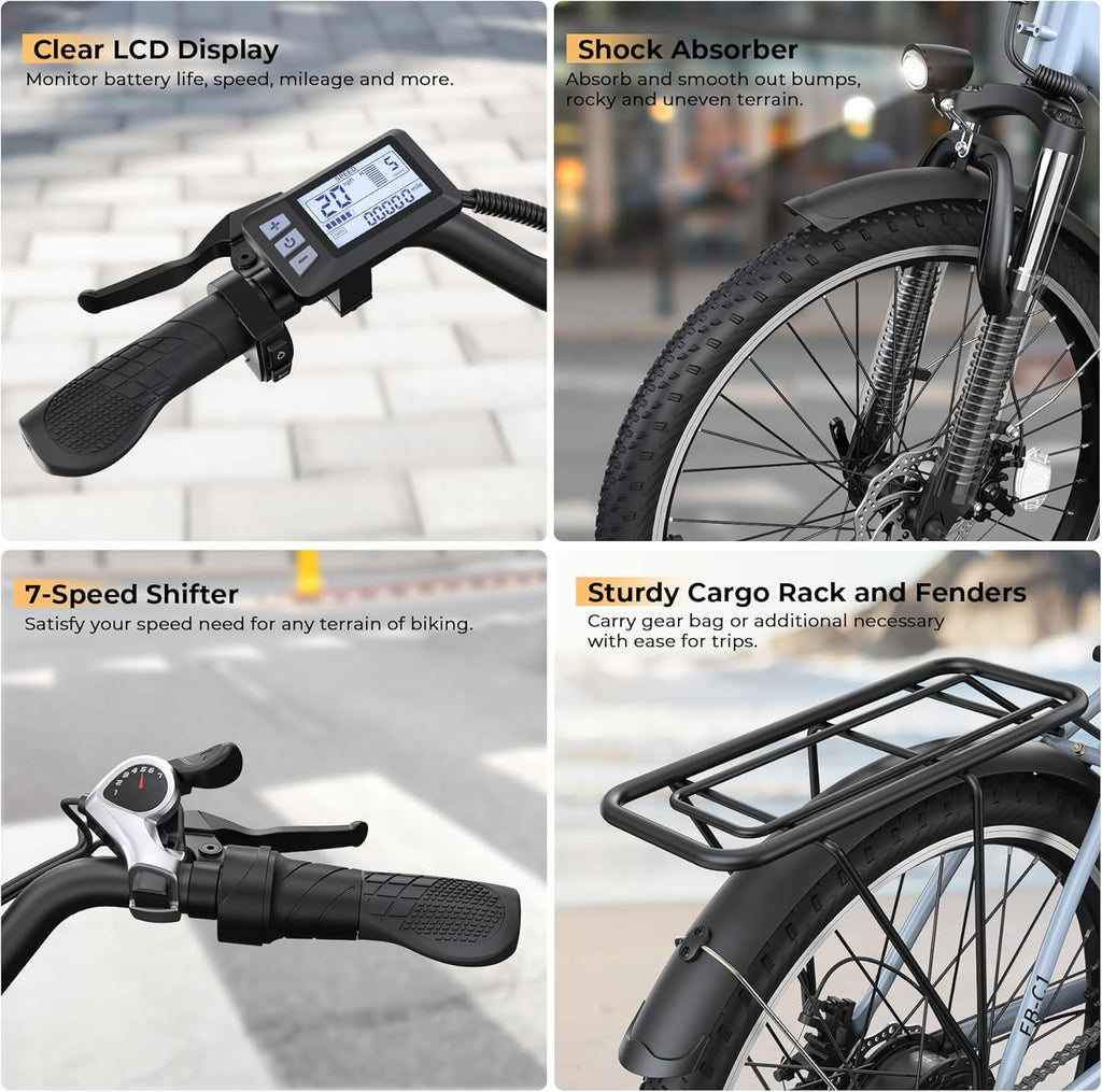 Electric Bike for Adults, Peak 1000W 50Miles City Cruiser Ebike, 26" Step Thru Electric Bicycles with 48V Removable Battery, Adjustable Stem, Rear Rack, LCD Display, 7 Speed, UL2849 Certified