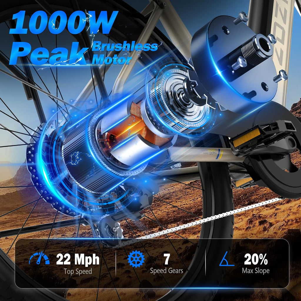 ZDZA Electric Bike for Adults, 1000W Peak Motor, 60 Miles 22Mph Electric Bike, 26" Commuter E Bikes with 48V 10.4Ah Removable Battery, Step-Thru Ebike, Adjustable Stem, 7-Speed & Front Suspension