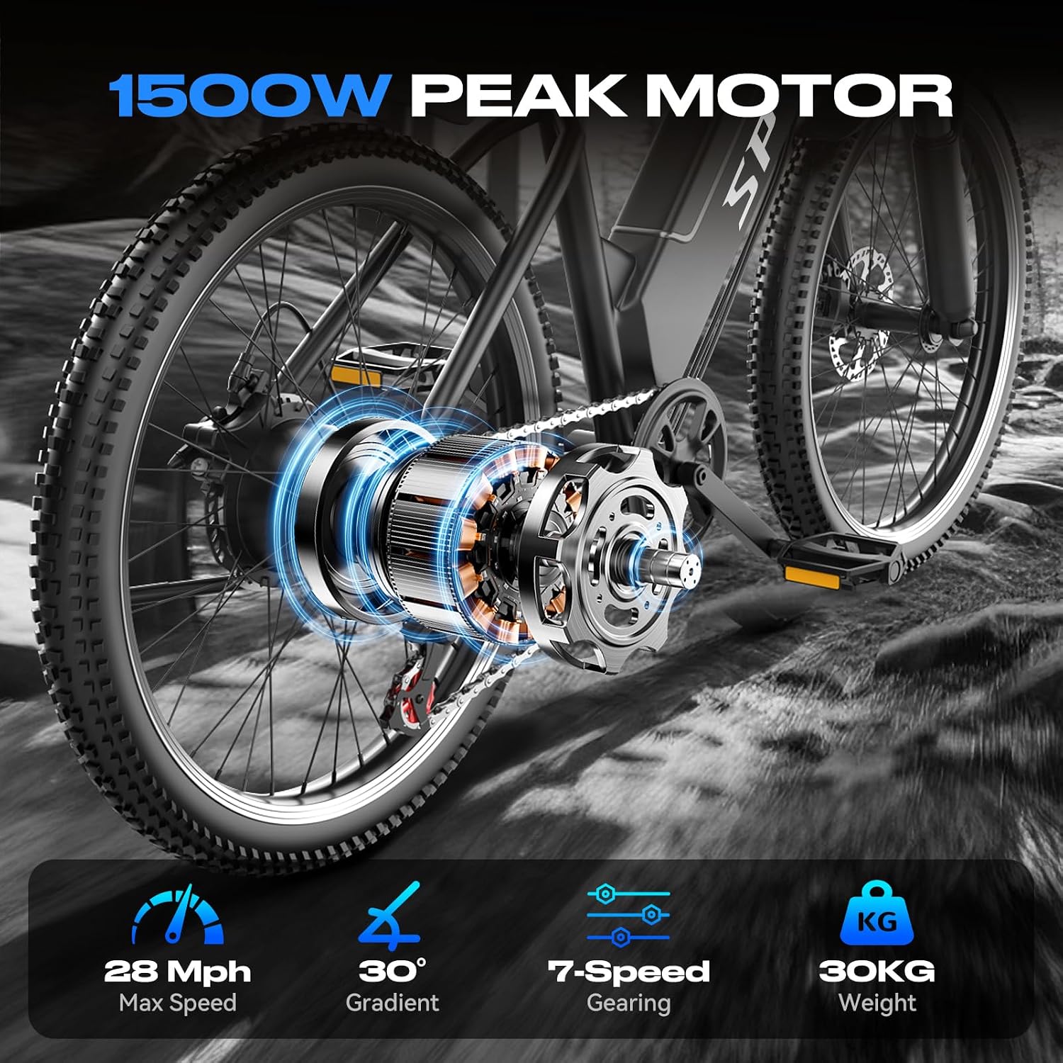 Electric Bike for Adults Teens,1500W Peak Ebike,60Miles 25MPH E Mountain Bike,26" Electric Bicycle with 48V Removable Battery,Adjustable Seat,7 Speed UL2849 Commut E Dirt Bike