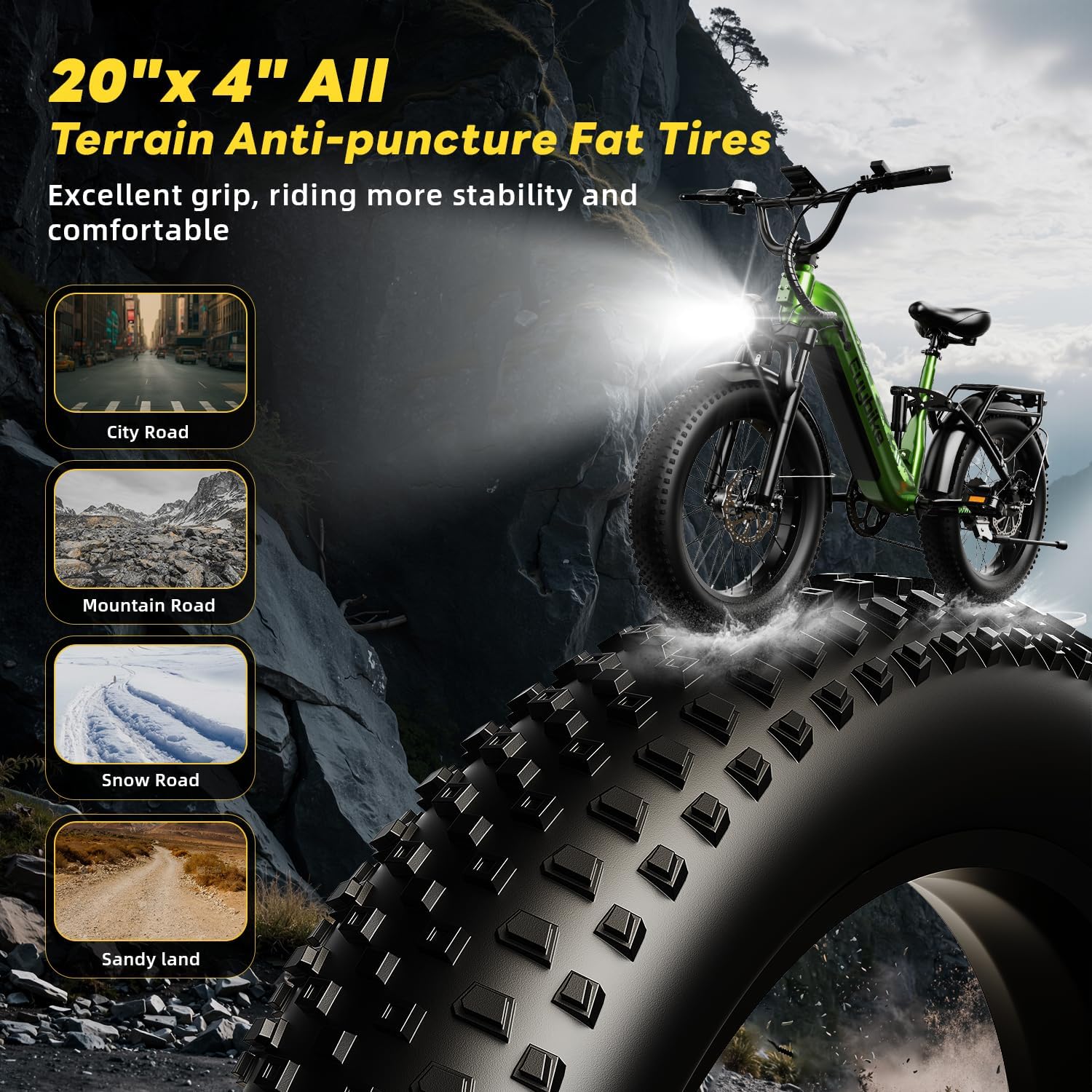 EUYBIKE Electric Bike for Adults 1400W Peak, 48V 20AH(960WH) Removable Battery, 20"x4" Fat Tire Full Suspension 80 Miles Range Step-Thru Hunting Ebike, 7-Speed Dual Brakes Electric Bicycle
