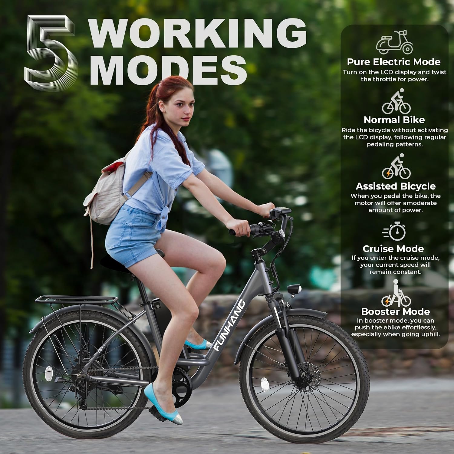 Funhang Electric Bike for Adults, 26" City Cruiser Ebike with 1000W Peak Motor, 20MPH 50 Miles Commuter Adult Electric Bicycles with 48V Battery, Adjustable Stem, 7-Speed, UL 2849 Certified