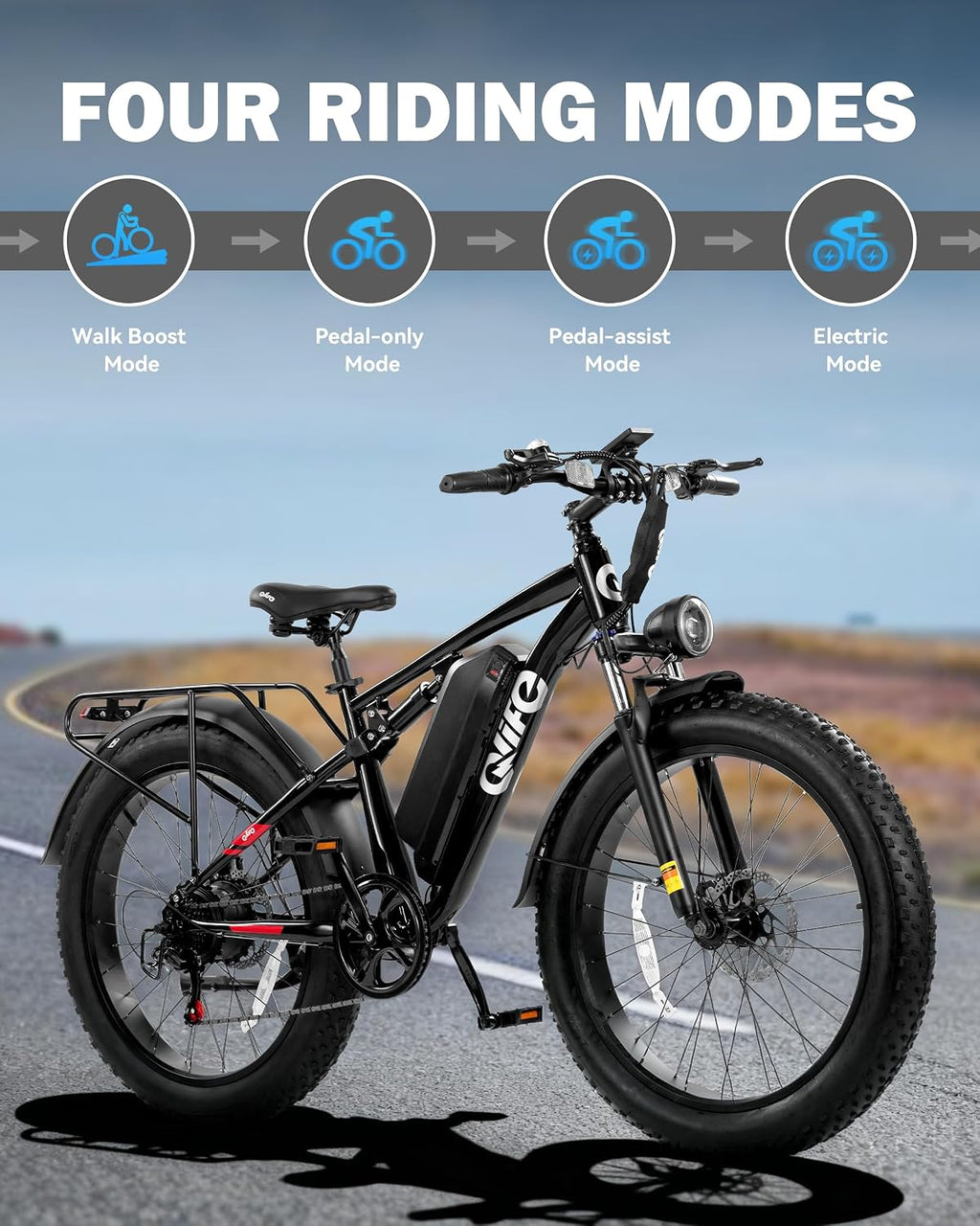Qlife Racer Plus Adult Electric Bicycle, Peak 1500W/1800W, Up to 20+MPH, 65Miles Long Range, 26" Fat Tire Electric Mountain Bike with 48V 13AH/20AH Battery, 7 Speed Full Suspension