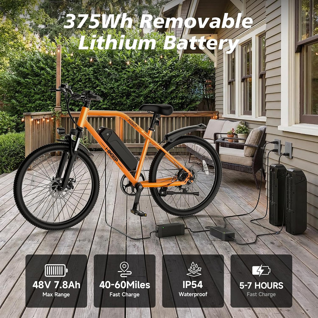 HiKeep Electric Bike for Adults - 48V Commuter E Bike with 750W Peak Motor, 26" Electric Mountain Bicycle, 374Wh Removable Battery, Up to 20MPH, Front Suspension & Dual Disc Brakes
