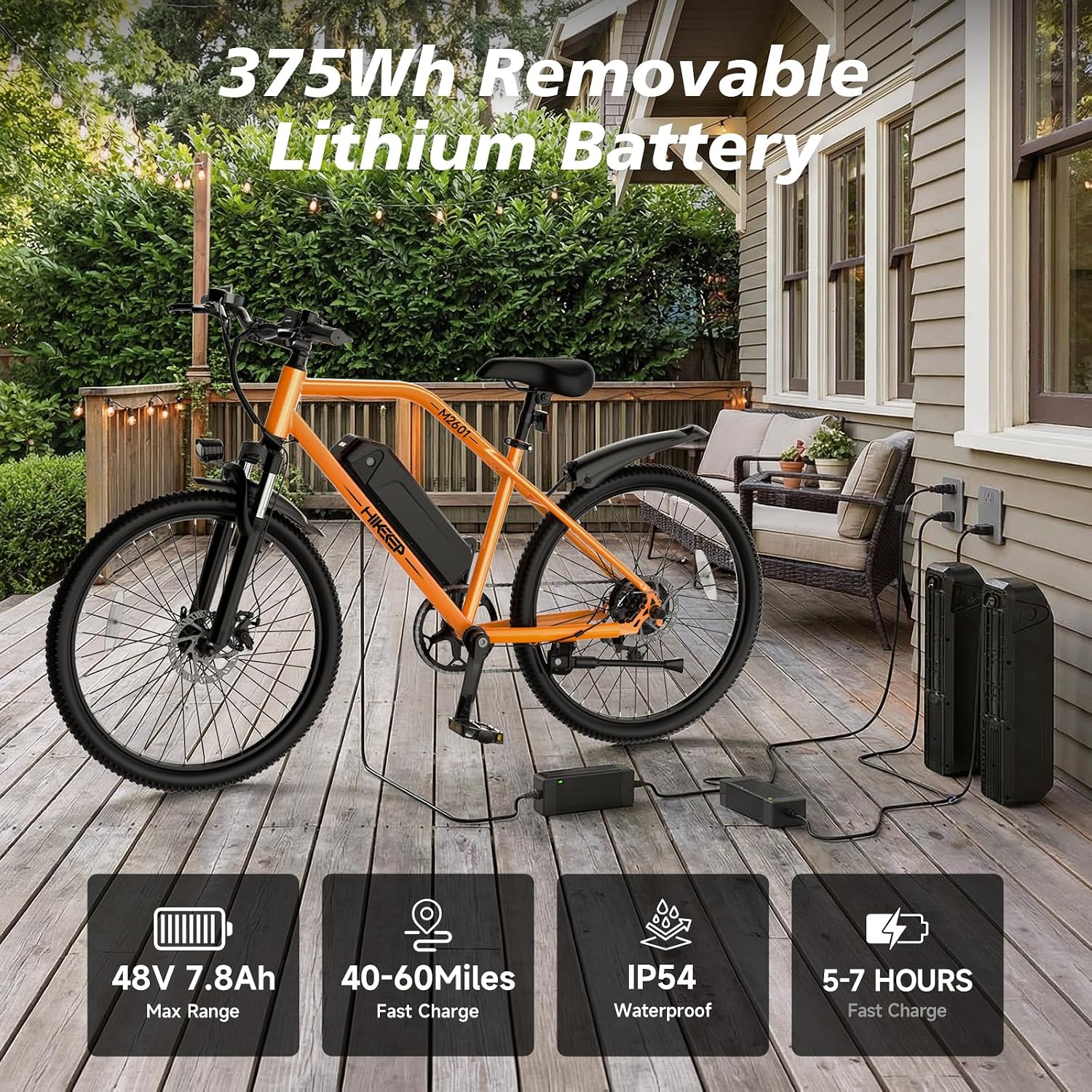 HiKeep Electric Bike for Adults - 48V Commuter E Bike with 750W Peak Motor, 26" Electric Mountain Bicycle, 374Wh Removable Battery, Up to 20MPH, Front Suspension & Dual Disc Brakes