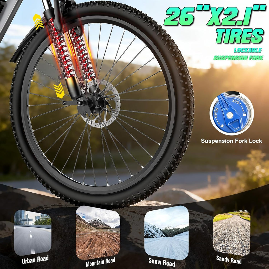 Electric Bike for Adults, 26" Commuter Ebikes with 7-Speed Gears, 25MPH Lightweight E Bike, 720W Peak Motor, 375Wh Removable Battery, 50 Miles Range, Electric Mountain Bicycle for All Terrain (White)