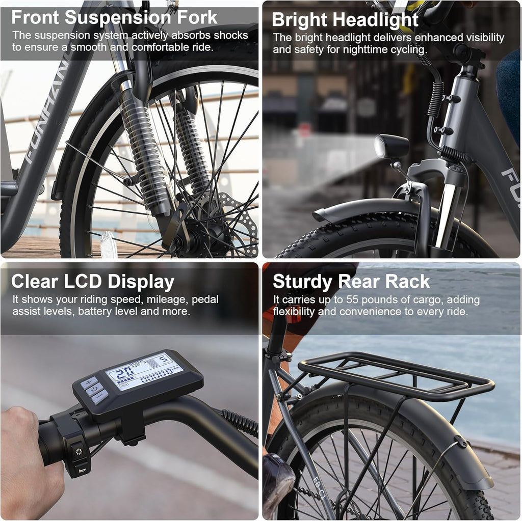 Funhang Electric Bike for Adults, 26" City Cruiser Ebike with 1000W Peak Motor, 20MPH 50 Miles Commuter Adult Electric Bicycles with 48V Battery, Adjustable Stem, 7-Speed, UL 2849 Certified