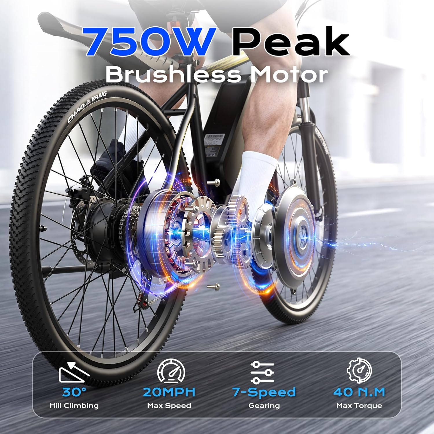 Electric Mountain Bike for Adults, 750W Peak Motor, 20 MPH Commuter Electric Bike, 48V Battery, 50Miles, 24"/26" E-Bike, 7-Speed, Front Suspension, UL Certified
