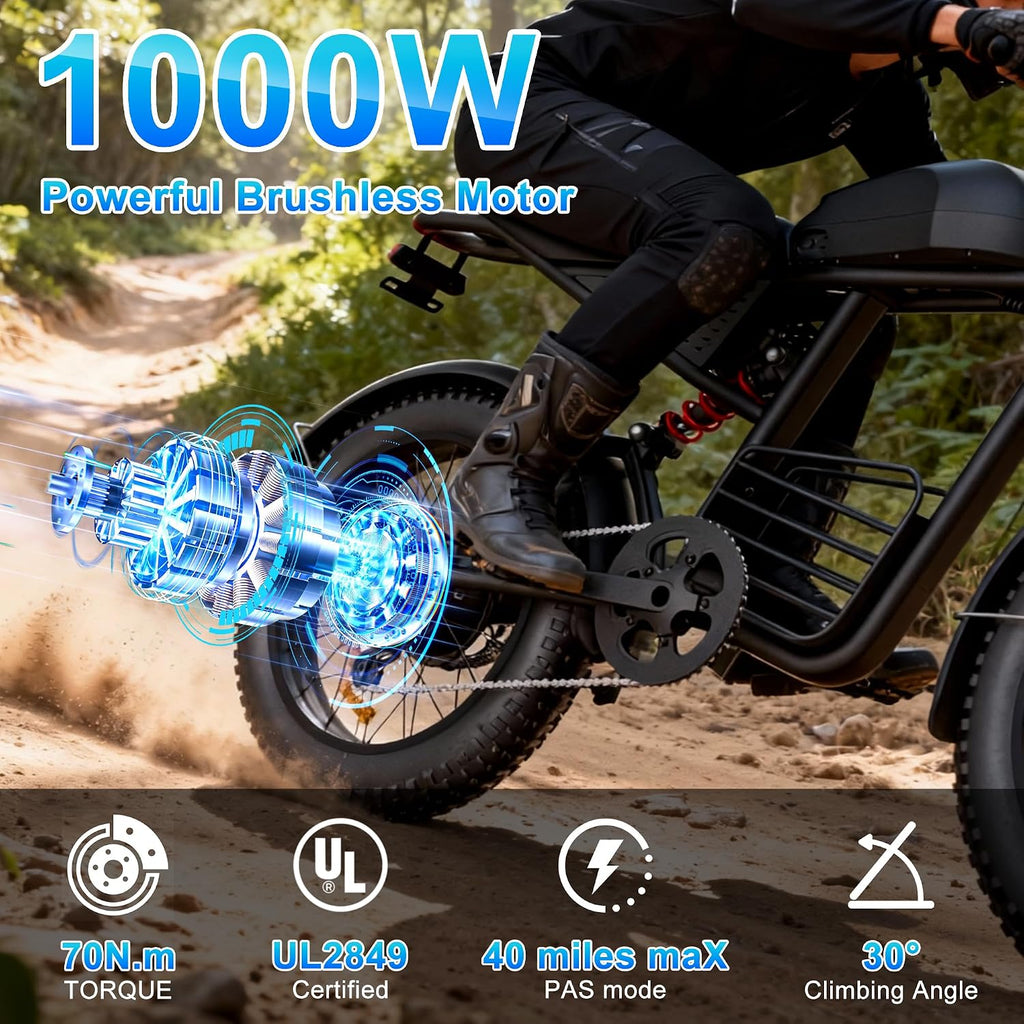 Electric Bike for Adults, 1000W/1500W/3000W Ebike 48V 15/20/35AH E Bike 20" Fat Tire 30/34/37MPH 40/47/100 Miles Adult Electric Bicycles, 3 Modes Electric Dirt Bike, All-Terrain Off-Road Motorcycle