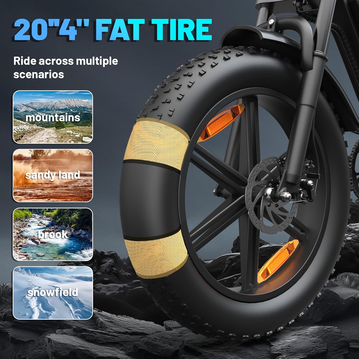 Electric Bike for Adults, 20" Electric Mountain Bike, 4in Fat Tire Ebike, 750W Rated Power / 1000W Peak Power, Electric Bicycle with 48V 15AH Removable Battery
