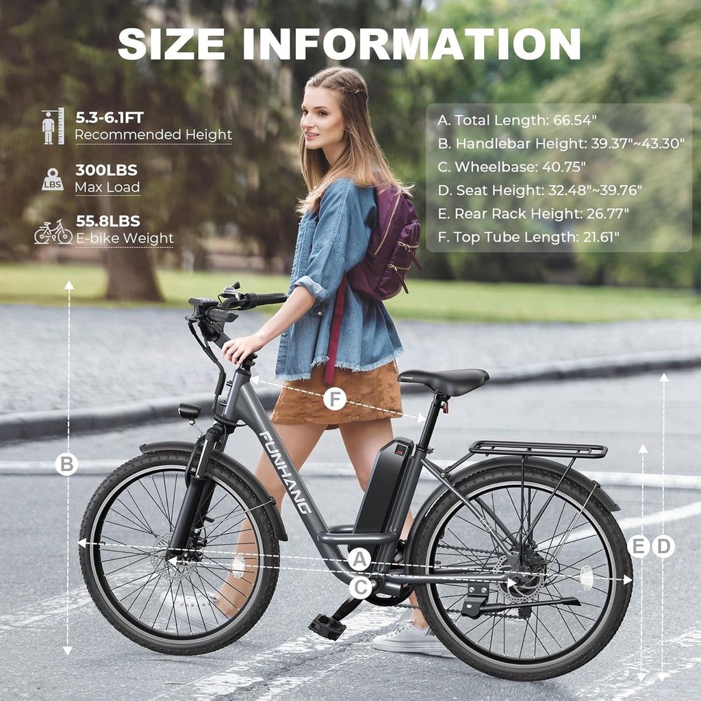 Funhang Electric Bike for Adults, 26" City Cruiser Ebike with 1000W Peak Motor, 20MPH 50 Miles Commuter Adult Electric Bicycles with 48V Battery, Adjustable Stem, 7-Speed, UL 2849 Certified