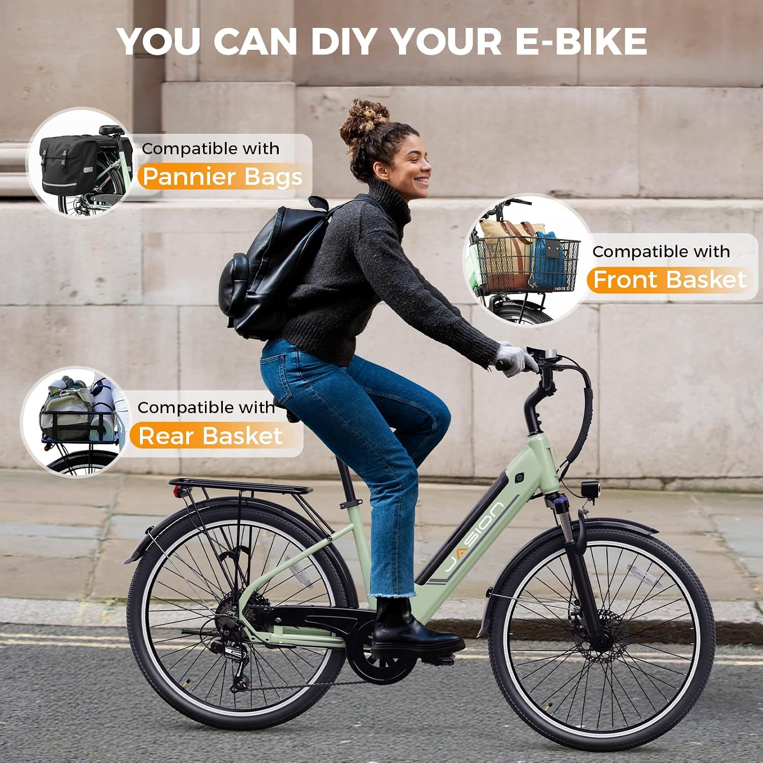Jasion Roamer/ST Electric Bike for Adults, 26" Commuter Ebike 1200W 528WH Removable Battery, 28MPH 40-62miles, Electric Bicycles for Women/Man, UL2849 Certified