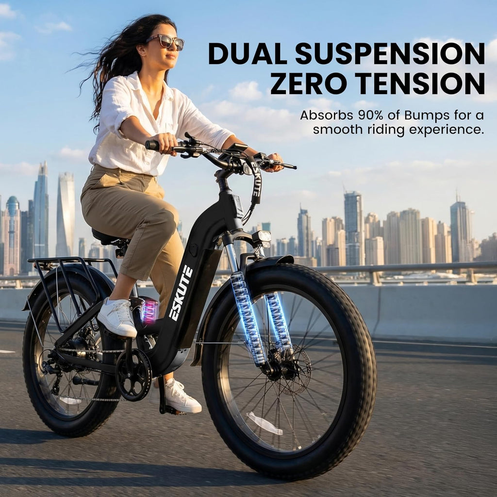 ESKUTE Electric Bike for Adults - 48V20.8Ah 80 Miles Battery Commuter, 32+MPH, Peak 1500W Brushless Motor, 26x4.0 Fat Tire Step-Thru Cityrun Ebike, 8-Speed, Full Suspensions E-Bike