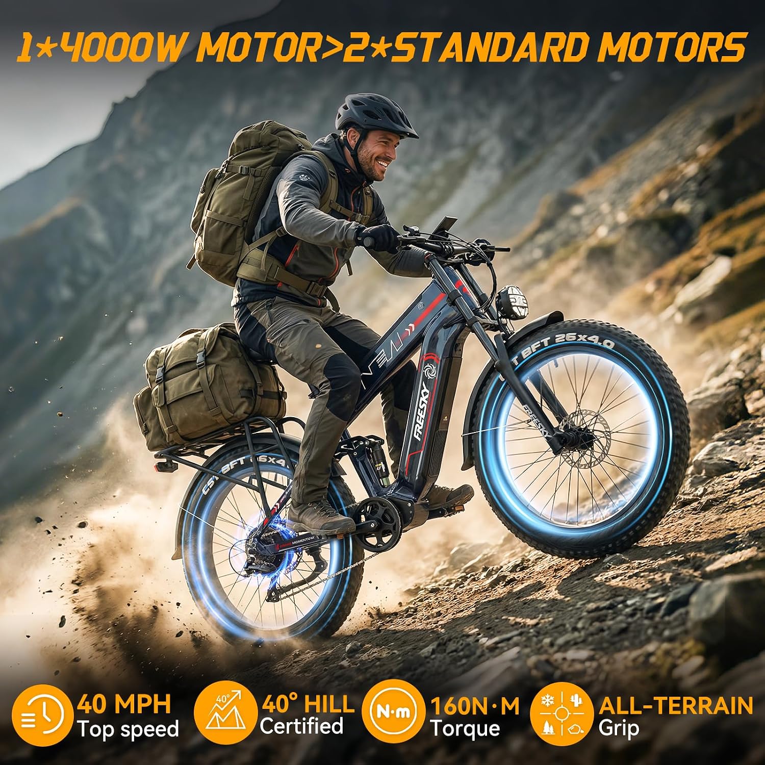 FREESKY 2026 Alaska Pro Dual Battery 48V 45AH LG Cells 200 Miles 40MPH Electric Bike for Adult, 4000W High-Torque Motor Long Range Fat Tire Ebike, 26" Mountain E Bike, UL 2849 Certified by TÜV