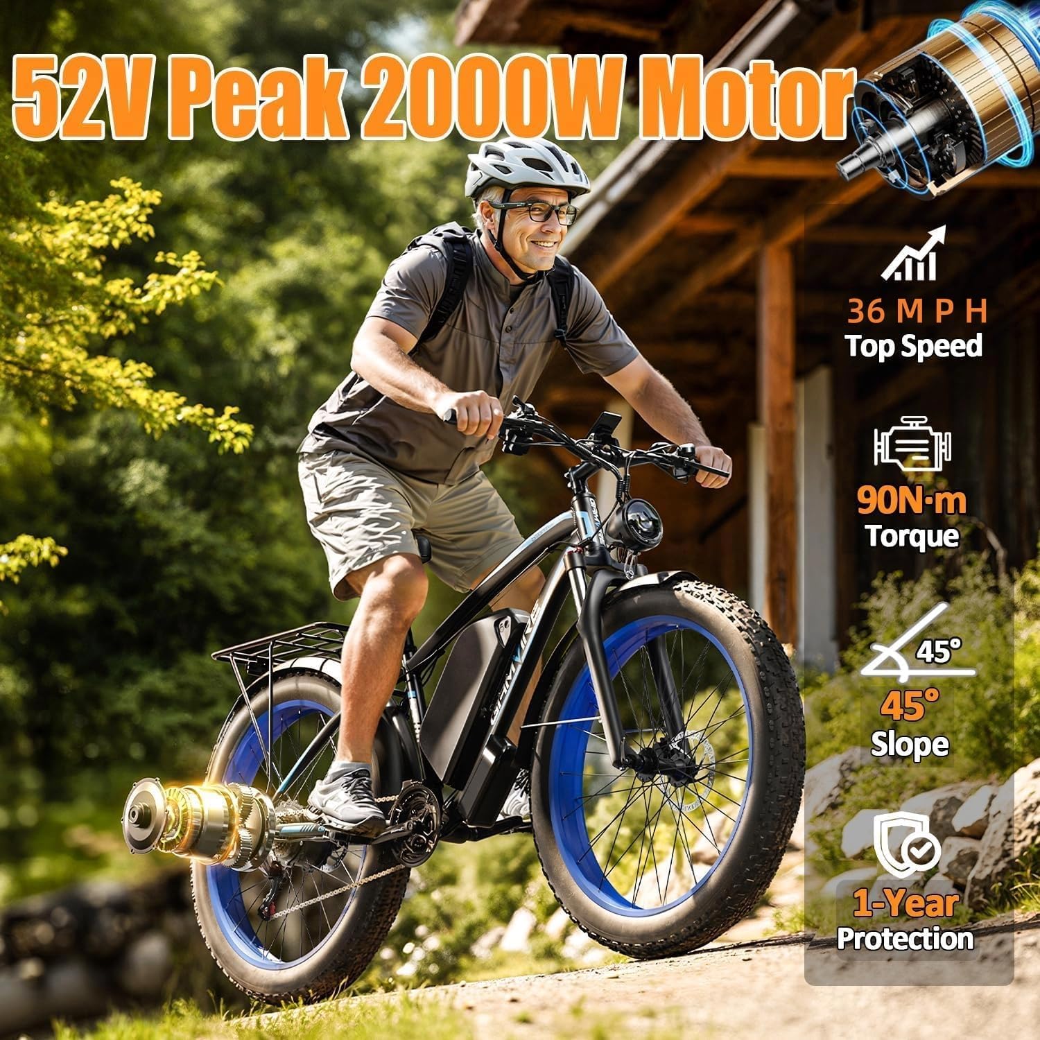 Ebike for Adults Electric, 52V 19.2Ah/32Ah, Peak 2000W/3000W/6000W E-Bicycle, 36/40/45 M P H, 70 /100Miles, Off Road Snow Mountain E-Bike, Hydraulic Disc Brake, 24"/26" Fat Tire E-Bike UL2849 by SGS