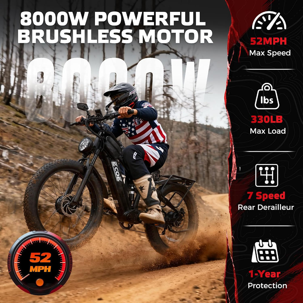 EcoE 8000W Dual Motor Electric Bike for Adults 52MPH 60V32A, 26x4 Fat Tire All Terrain Ebikes, Full Suspension E Bike, SHM 7-Speed Gear Electric Bicycle(Q5-1-8000W)