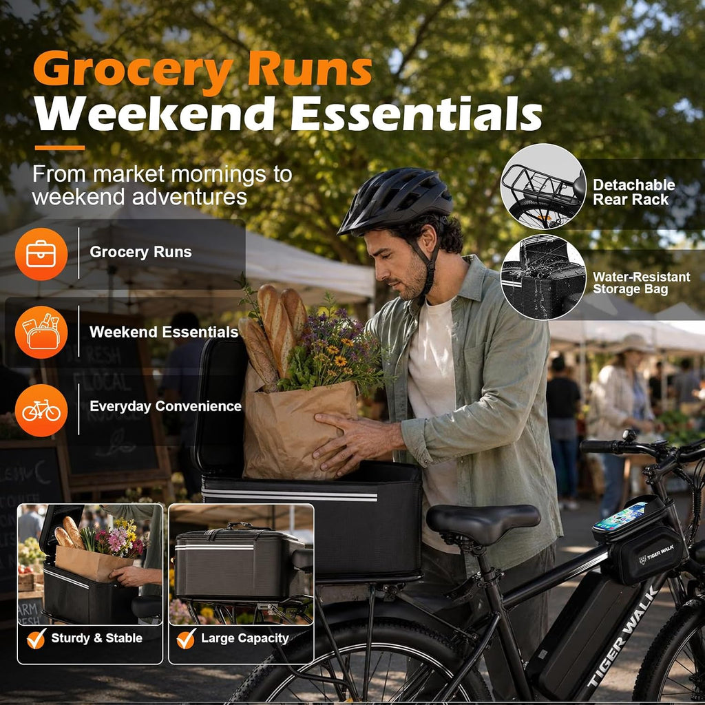 Adult Electric Bike, Peak 1000W Ebike, 48V 10AH Removable Battery, 45 Miles PAS Range, Lockable Suspension Fork, 26" Mountain Commuter Ebike with Cup Holder, Waterproof Phone Bag & Rear Bag