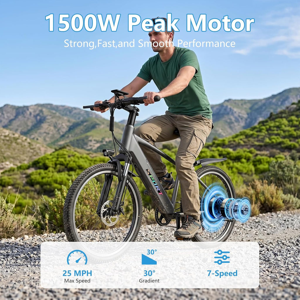 Electric Bike for Adults, 1500W Peak Ebike with 48V 12Ah Removable Battery, 26 inch Electric Bicycles for Commute, City Cruiser E-Bike for Adult, Step-Thru,7-Speed, Up to 25MPH 65 Miles