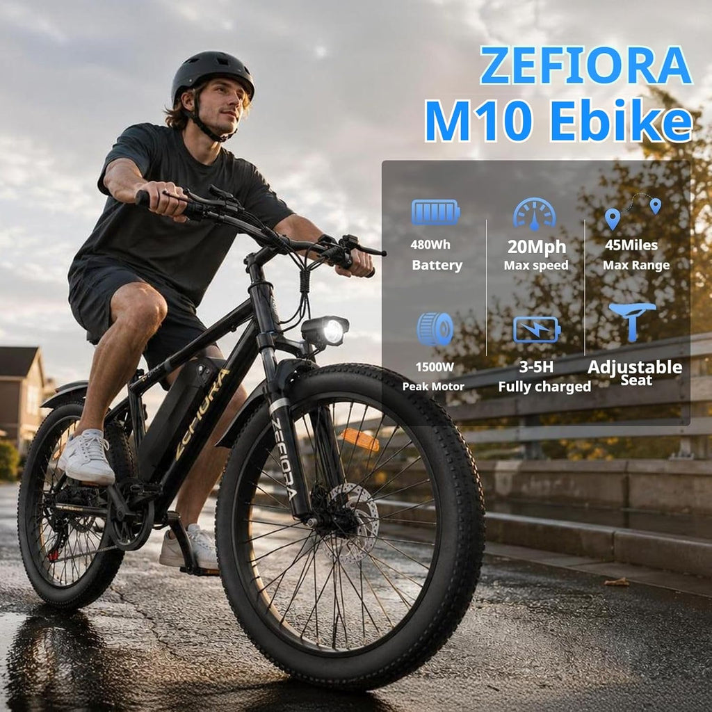 Electric Bike for Adults, Commuter & Off-Road Mountain Ebike | Commuter Ebike with Phone Holder & Lock,7-Speed 26" Tire 1500W Peak Motor 20MPH Up to 45-Mile Range, 480Wh Removable Battery