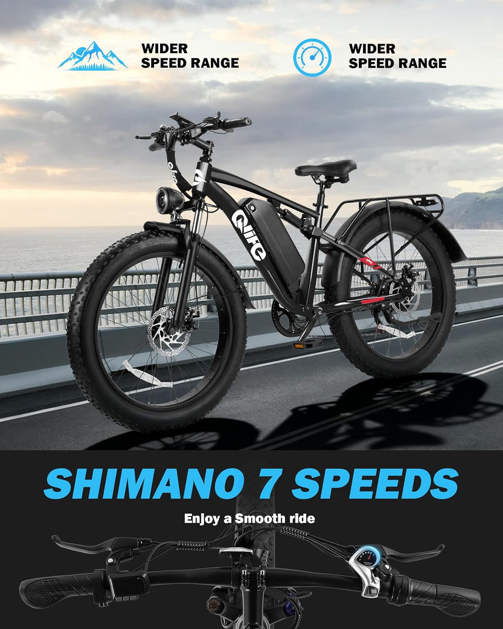 Qlife Racer Plus Adult Electric Bicycle, Peak 1500W/1800W, Up to 20+MPH, 65Miles Long Range, 26" Fat Tire Electric Mountain Bike with 48V 13AH/20AH Battery, 7 Speed Full Suspension
