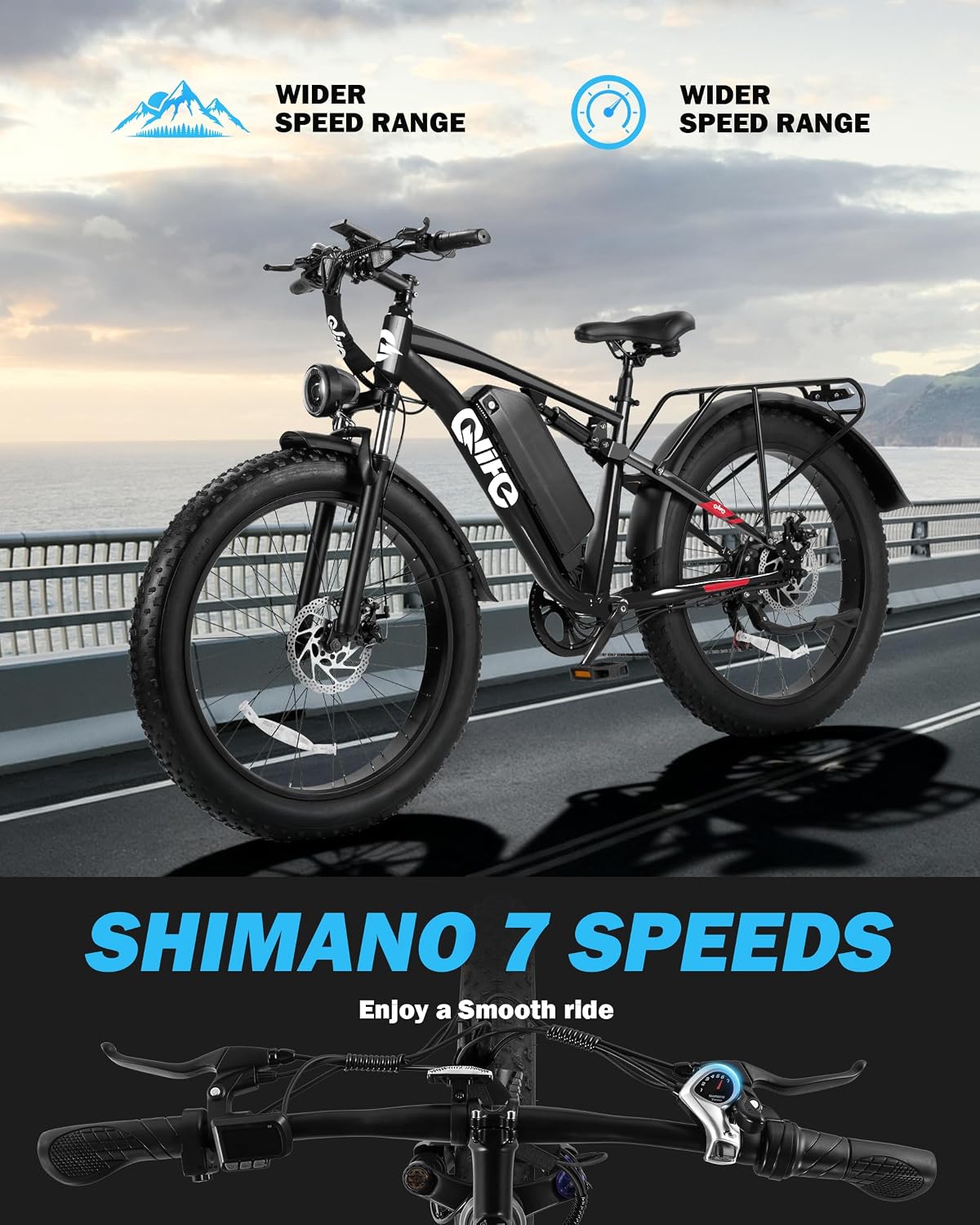 Qlife Racer Plus Adult Electric Bicycle, Peak 1500W/1800W, Up to 20+MPH, 65Miles Long Range, 26" Fat Tire Electric Mountain Bike with 48V 13AH/20AH Battery, 7 Speed Full Suspension