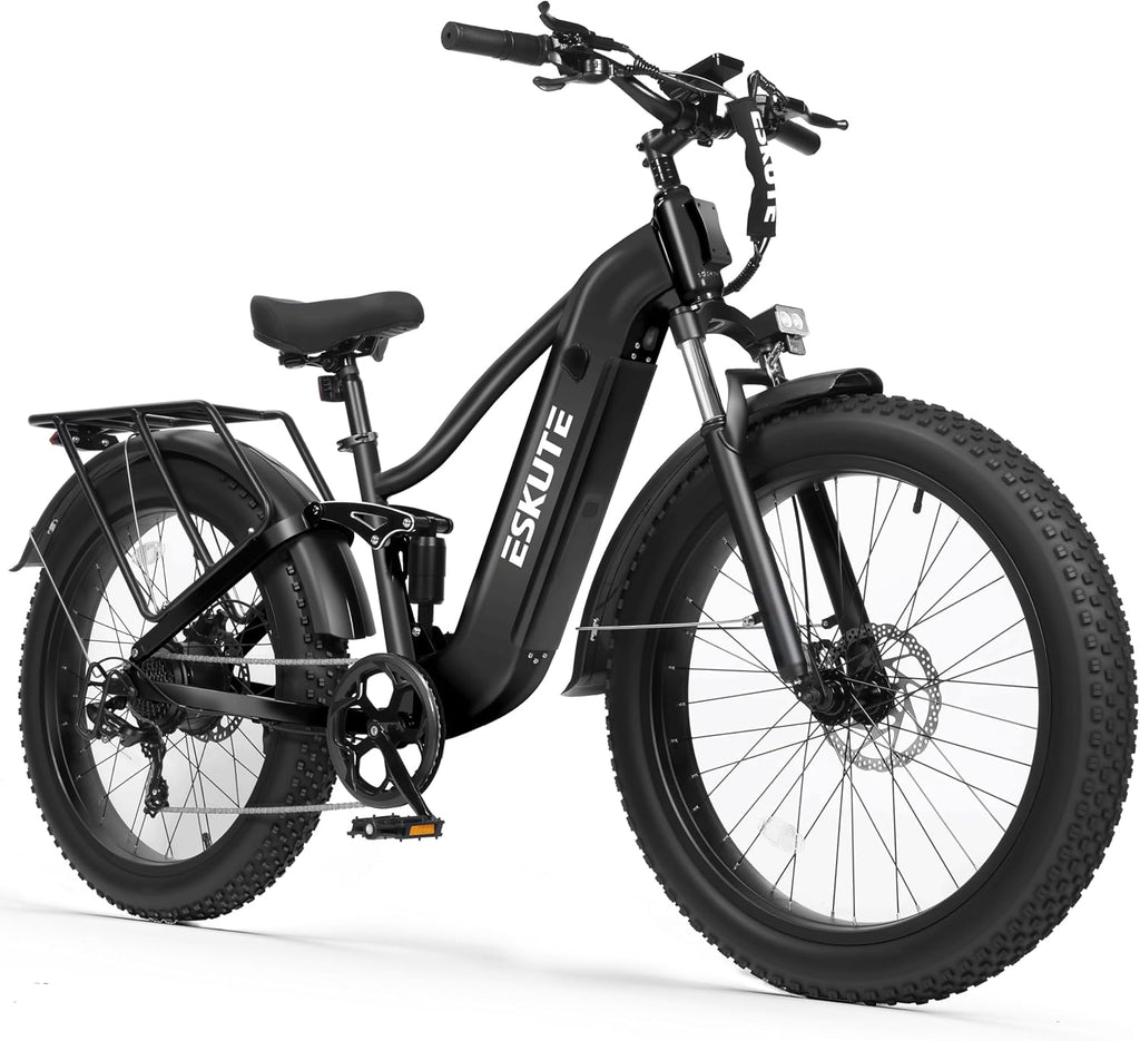 ESKUTE Electric Bike for Adults - 48V20.8Ah Battery Ebike up to 80 Miles, 32+MPH, Peak 1500W Brushless Motor, 26x4.0 Fat Tire Step-Over Mountain Ebike, 8-Speed, Full Suspensions E-Bike