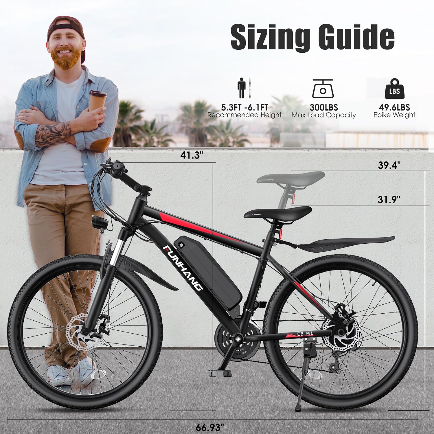 Funhang Electric Bike for Adults, 1000W Peak Ebike, 50Miles 20MPH Electric Mountain Bike, 26" Adult Electric Bicycle with 48V Removable Battery, Fenders,7 Speed, Front Suspension, UL 2849 Certified
