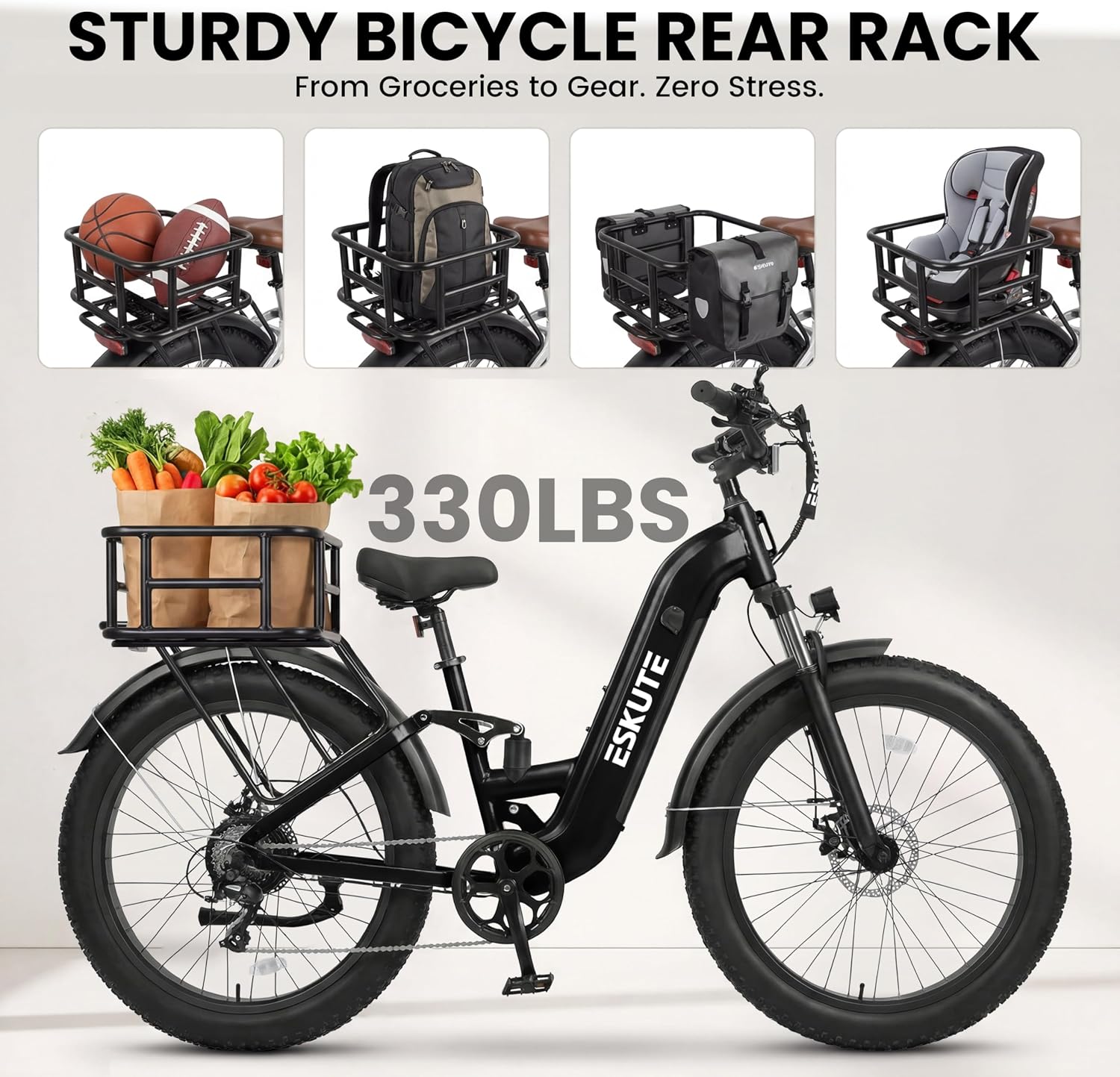 ESKUTE Electric Bike for Adults - 48V20.8Ah 80 Miles Battery Commuter, 32+MPH, Peak 1500W Brushless Motor, 26x4.0 Fat Tire Step-Thru Cityrun Ebike, 8-Speed, Full Suspensions E-Bike