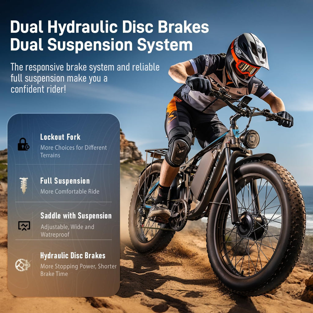 Electric Bike for Adults 51MPH 6000W Peak Dual Motor Fast Ebike 36Ah 52V Full Suspension 26" Fat Tire E Bikes for Men with Hydraulic Brake 130 Miles Electric Bicycle