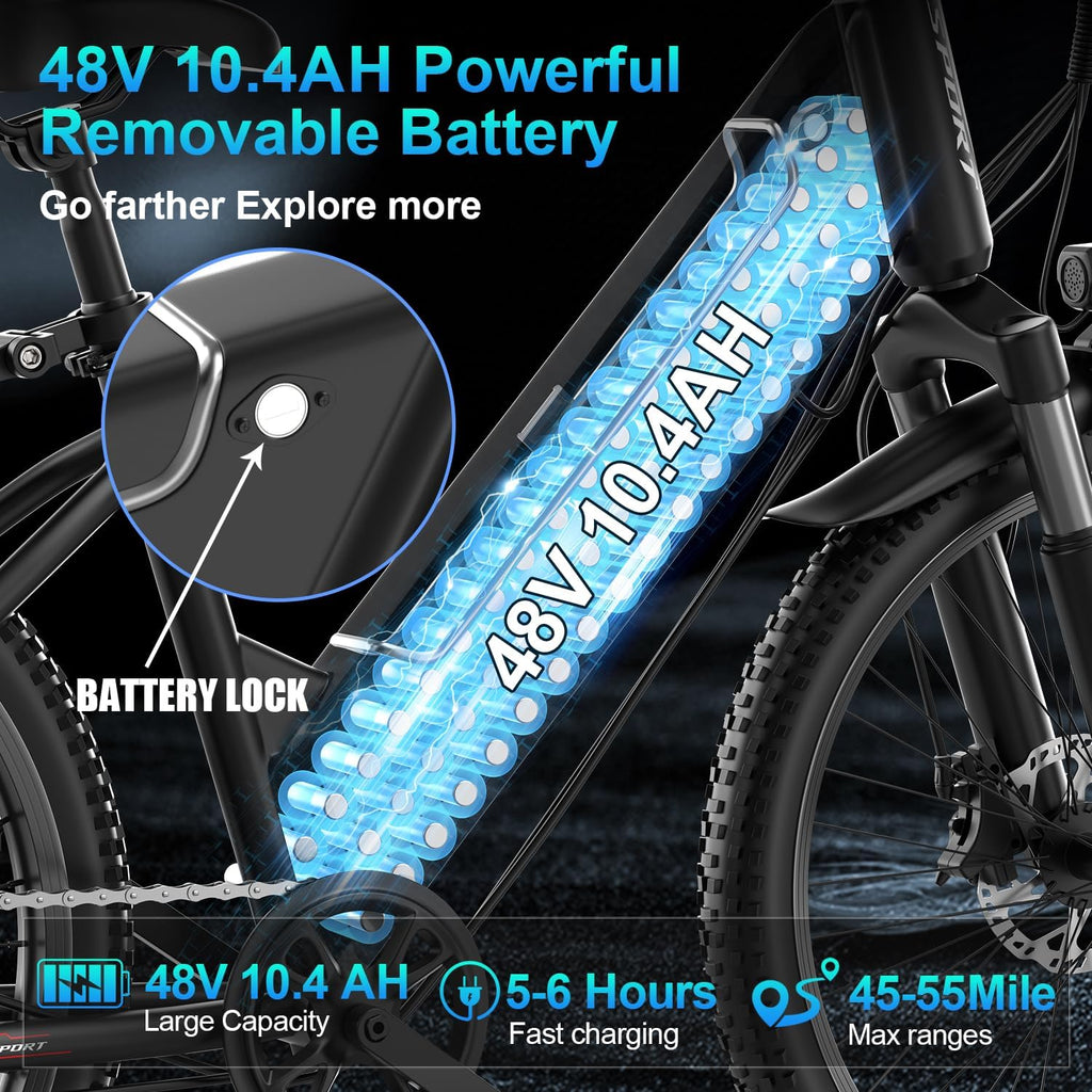 Electric Bike for Adults, 1000W Peak Motor, up to 45+Miles, 25mph Max Speed Electric Mountain Bike, 480WH Removable Battery Ebike, 26'' Tires, 7-Speed and Front Suspension