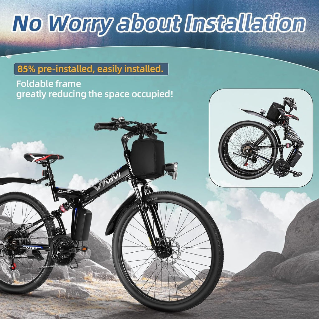 Vivi M026TGB Electric Bike 26" Electric Bike for Adults, 500W Motor Folding Electric Mountain Bike, 48V Removable Battery Ebike, 21 Speed Ebike, Top 19.8Mph, Up to 50 Miles, SGS Certified to UL2849