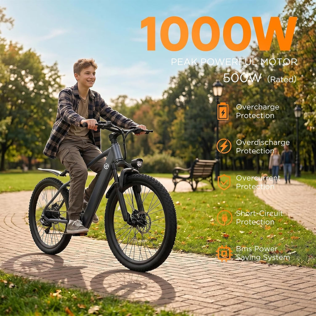 24" Electric Mountain Bike 1000W 504Wh Ebike | Ebikes for adults with 1000W peak motor, 48V battery up to 40miles, 7-speed, suspension fork, E-ABS brakes, easy assembly.