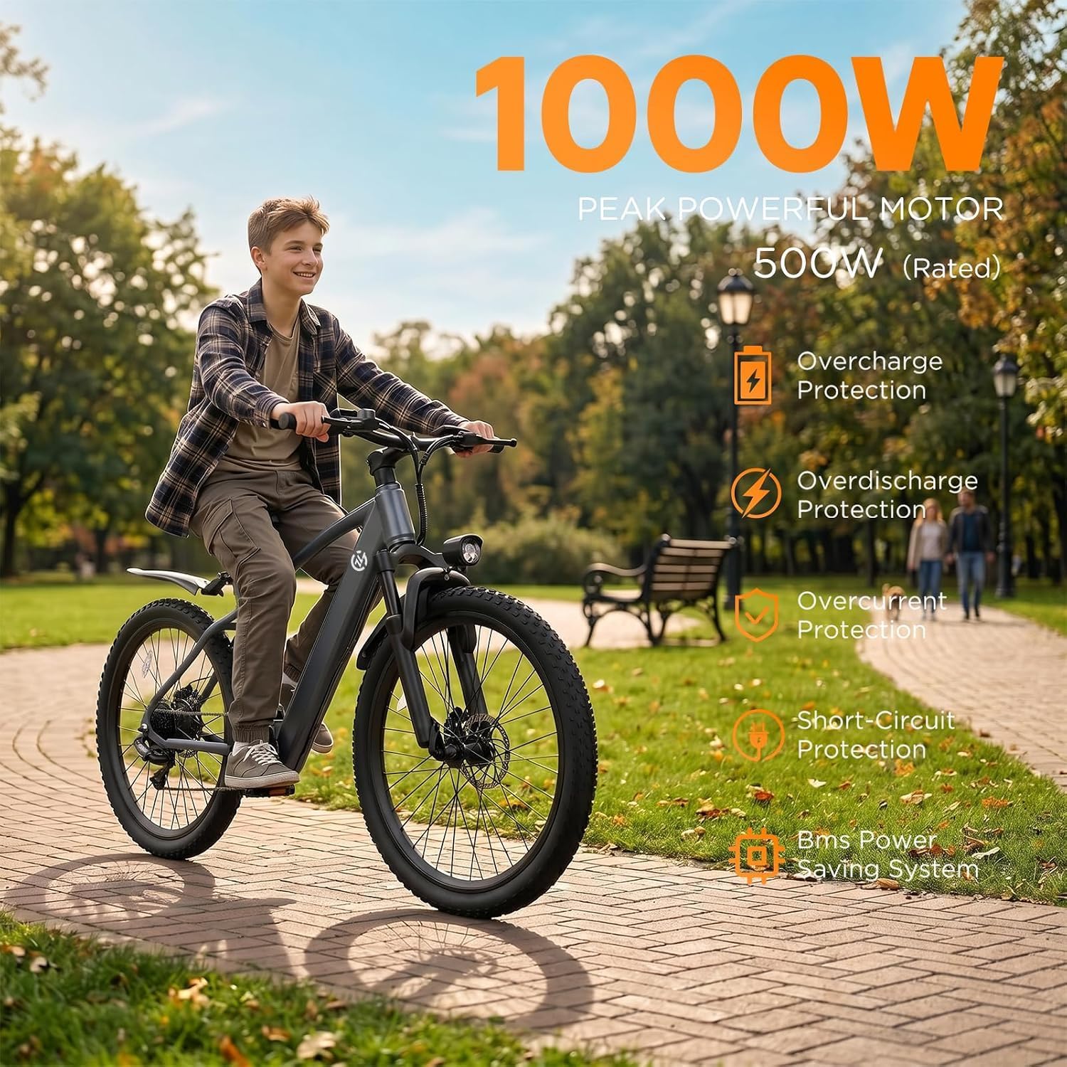 24" Electric Mountain Bike 1000W 504Wh Ebike | Ebikes for adults with 1000W peak motor, 48V battery up to 40miles, 7-speed, suspension fork, E-ABS brakes, easy assembly.