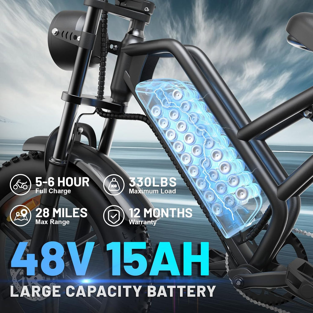 Electric Bike for Adults, 20" Electric Mountain Bike, 4in Fat Tire Ebike, 750W Rated Power / 1000W Peak Power, Electric Bicycle with 48V 15AH Removable Battery